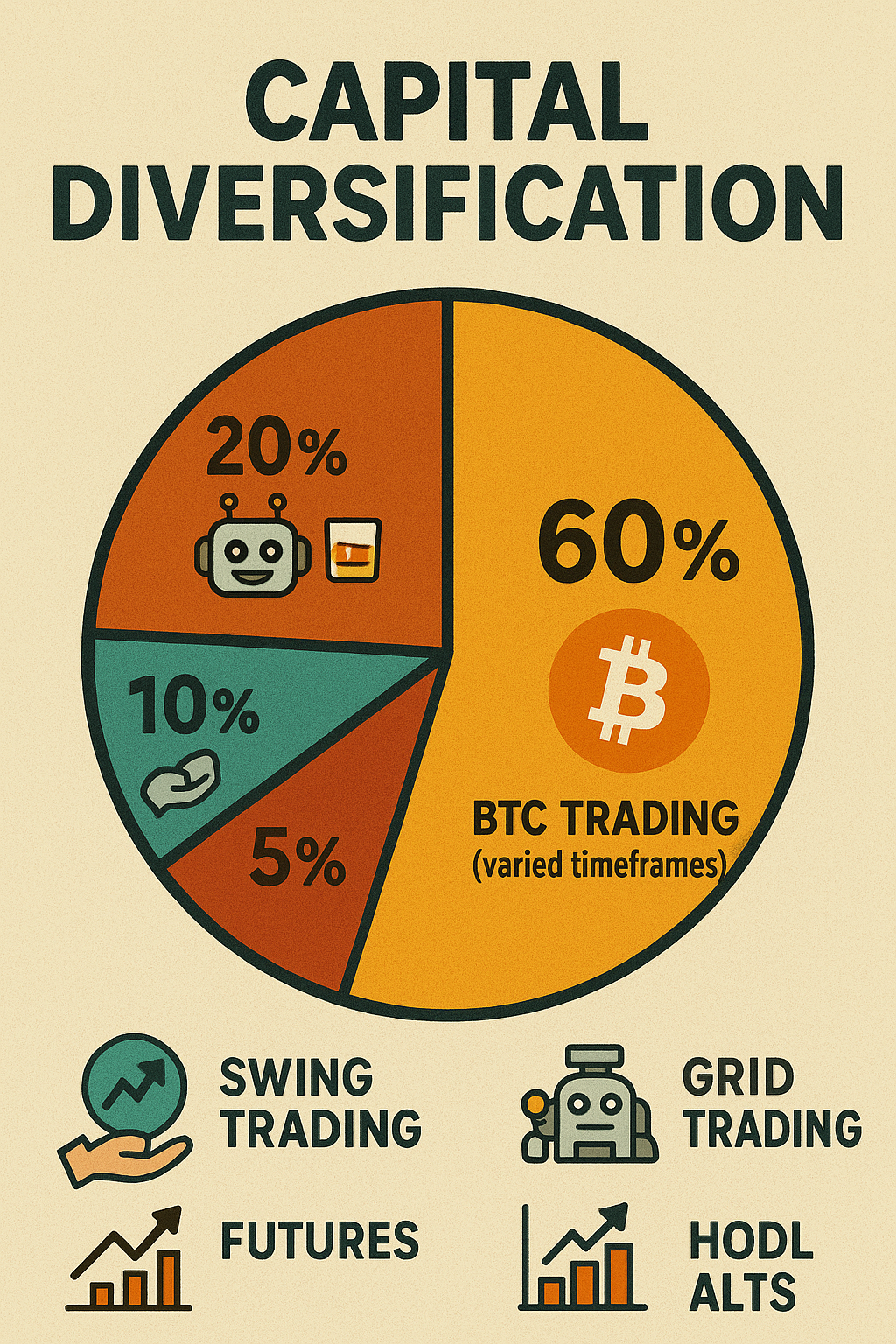 Un diagramme circulaire montrant la diversification du capital : 60% Trading BTC, 20% Grid Trading, 10% HODL Alts, 5% Swing Trading, 5% Futures.