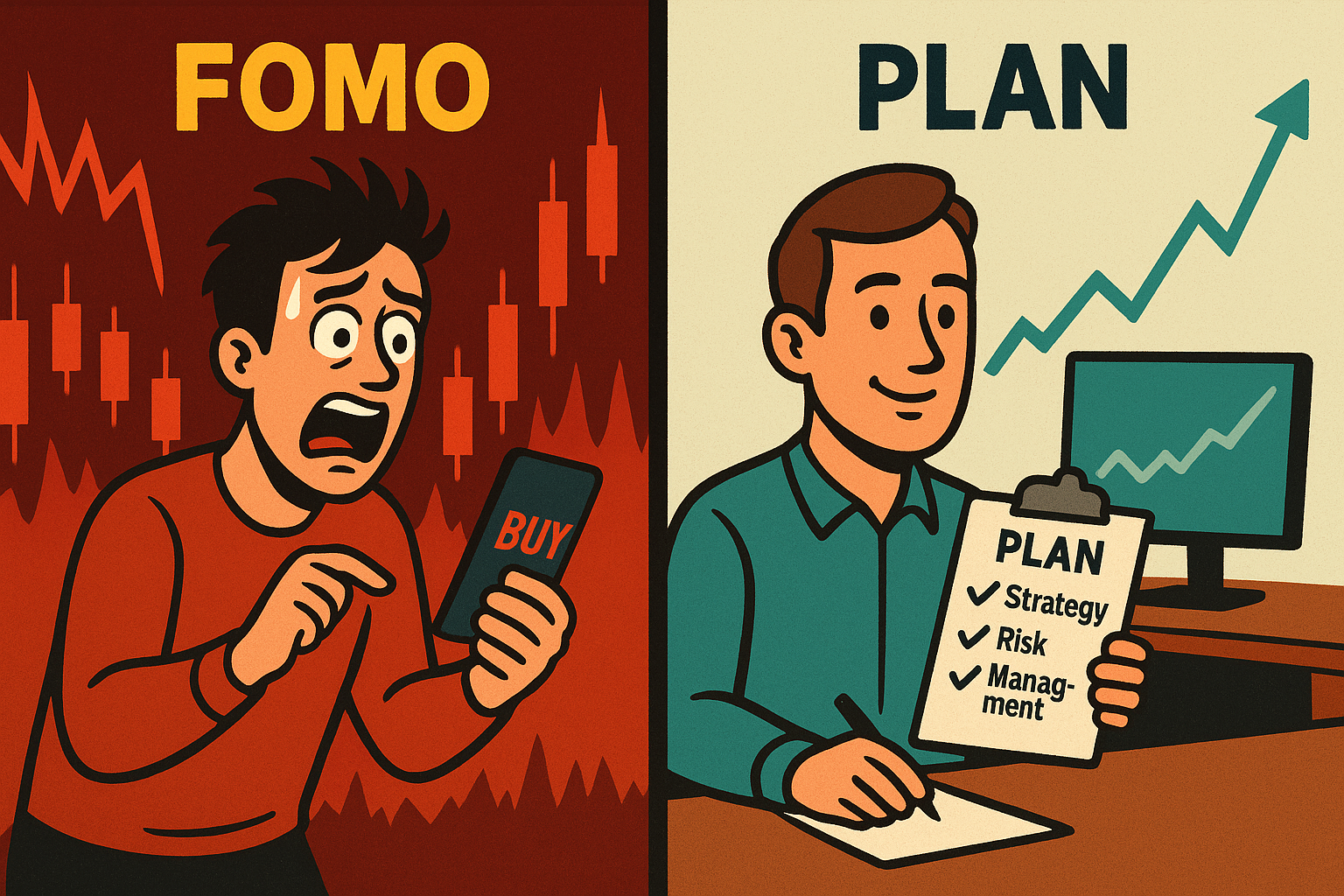 Un trader poussé par le FOMO contre un trader calme avec un plan.