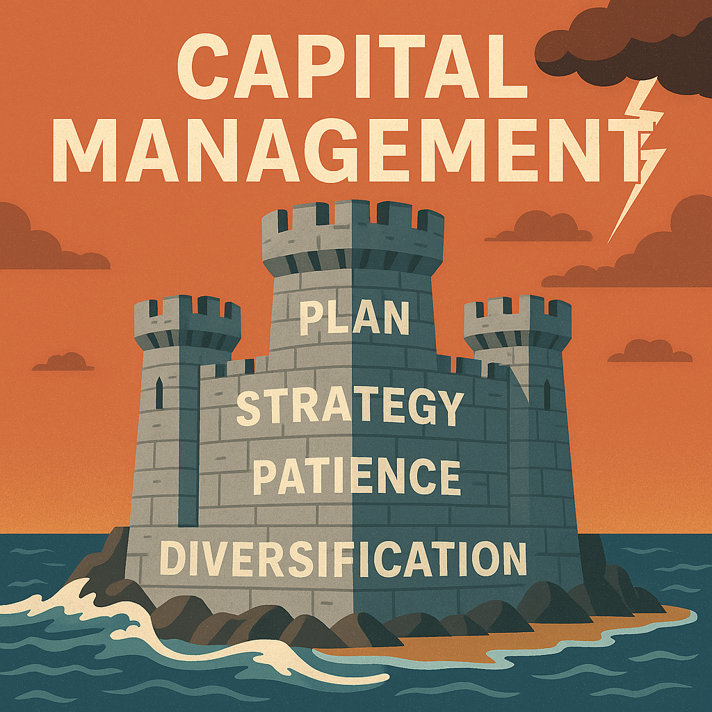 La gestion de capital comme une forteresse avec les mots Plan, Stratégie, Patience, Diversification.