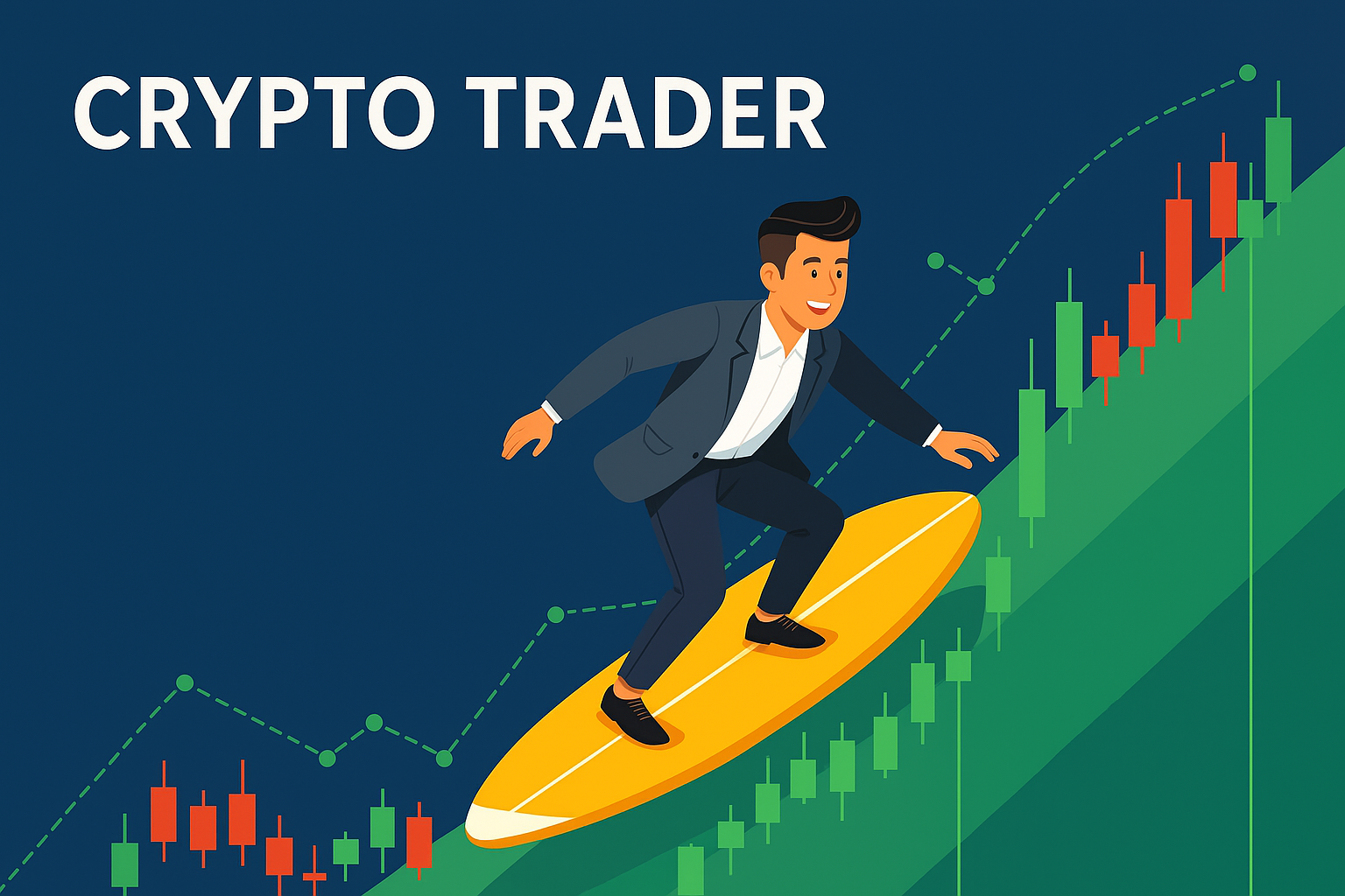 Un trader de crypto surfant sur une vague de volatilité du marché d'un graphique en chandeliers.
