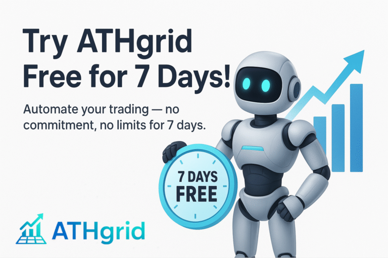 A promotional image showing the ATHgrid trading bot with a '7 Days Free' trial offer.